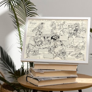 Alte Europa Karte Illustration, 1872 Antiker Stil Vintage Karte von Europa, Seltene Europa Comical Geschenk Karte, gerahmte Karte Druck, alte Wand Kunst Poster