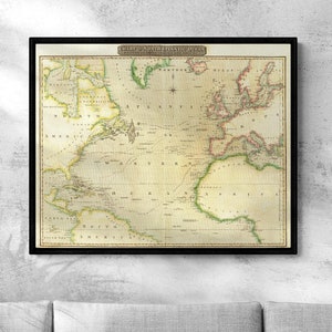 Old Atlantic Map, 1817 Vintage Antique Style Map of the World, by Thomson, Gift For Him Gift For Her Home Decor Canvas Wall Art Poster Print