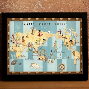 Old Qantas Weltkarte, 1950 antiker Stil Vintage Weltkarte Airways, seltene Geschenkkarte, gerahmte Landkarte, historische Wandkunst Poster