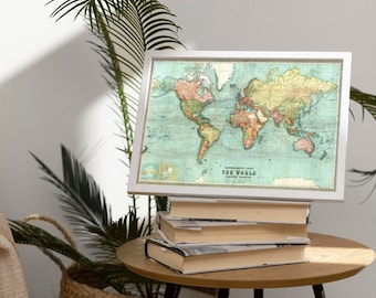 Old World Map, 1914 Vintage Antique Style Map of the World, by Bartholomew Gift For Him Gift For Her Home Decor Canvas Wall Art Poster Print