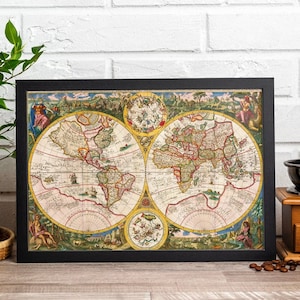 Alte Weltkarte, 1594 Vintage antiker Stil Karte der Welt, von Plancius, Geschenk für Ihn Geschenk für sie Wohnkultur Leinwand Wand Kunst Poster Druck