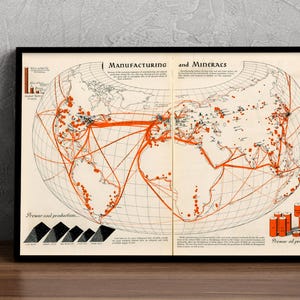 Carte du monde de la fabrication et des minéraux, carte du monde vintage historique de l'expédition, carte cadeau rare de la Seconde Guerre mondiale de 1944, impression de carte encadrée, affiche ancienne