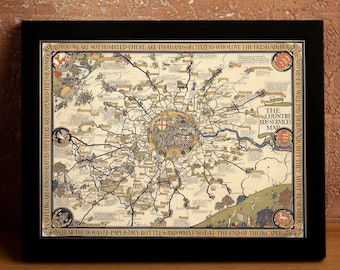 Old London Bus Map, 1928 Antique Style Vintage Map of London and Its Vicinity, Rare Gift Map, Framed Map Print, Historical Wall Art Poster