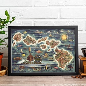 Mapa antiguo de Hawái, mapa vintage de las islas hawaianas de estilo antiguo de 1950, mapa raro de Hawái para regalo, impresión de mapa enmarcada, póster de arte mural histórico antiguo