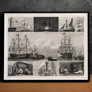 Affiche de scènes de navire, batailles de voiliers vintage 1851, affiche cadeau rare du génie maritime, impression d'art vieux bateau encadrée, impression d'art mural