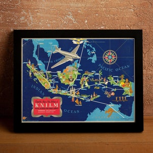 Ancienne carte de l'Asie du Sud-Est, carte vintage de l'Asie de style antique de 1935, carte cadeau rare de l'Indonésie, impression de carte encadrée, vieille affiche d'art mural historique