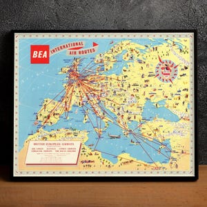 Vintage British Airways Travel Poster, Retro Airway Art Map of Europe, Vintage British Airways Air Travel Print, Rare Aviation Gift Poster