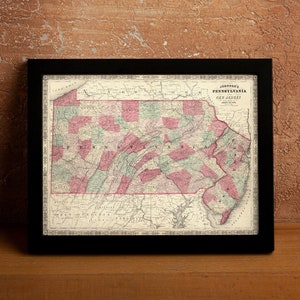 Old Pennsylvania Karte, 1864 Vintage antik Stil Karte von Pennsylvania von Johnson Geschenk für Ihn für Sie Wohnkultur Leinwand Wand Kunst Poster Druck