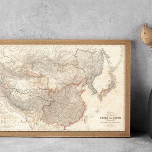 Mapa antiguo de Asia, mapa antiguo de Asia de 1843, de H. Berghaus, regalo para él, regalo para ella, decoración del hogar, lienzo, arte de pared, póster impreso
