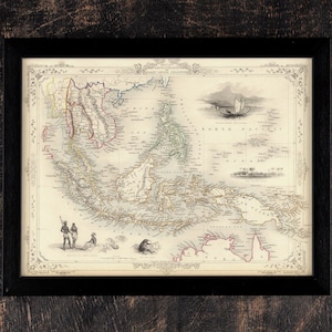 Old Southeast Asia Map, 1851 Antique Style Vintage Map of Asia, Rare Indonesia Gift Map, Framed Map Print, Old Historical Wall Art Poster