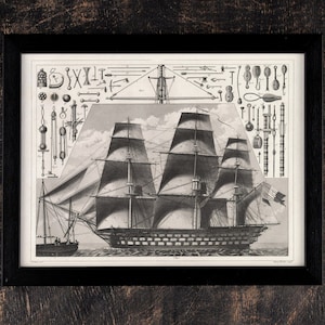 affiche vintage de voilier, art technique de voilier vintage 1851, affiche cadeau nautique rare, impression maritime encadrée, impression d'art mural