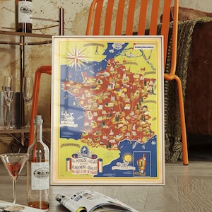 Alte Frankreich Karte Illustration, 1950 antiker Stil Vintage Karte von Frankreich, seltene bildhafte Frankreich Geschenkkarte, gerahmte Karte Druck, alte Wandkunst Poster