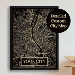 Impressão de mapa dourado personalizado, mapa de qualquer cidade, mapa personalizado em estilo folha de ouro, pôster de mapa de rua preto e dourado, arte de parede, presente de aniversário para marido