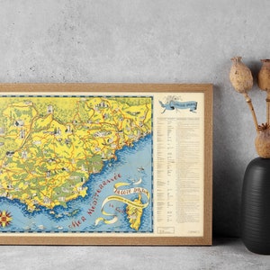Old French Riviera Map, 1950 Antique Style Vintage Map of La Cote d’Azur, Rare France Gift Map, Framed Print, Old Historical Wall Art Poster