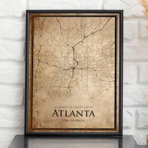 Impression de carte vintage d'Atlanta, carte d'Atlanta, carte de style antique d'Atlanta, affiche rétro de carte de rue, art mural de bureau de Géorgie, cadeau d'anniversaire de mari