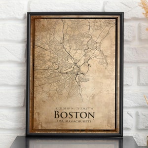 Impression de carte vintage de Boston, carte de Boston, carte de style antique de Boston, affiche rétro de carte de rue, art mural du Massachusetts, cadeau d'anniversaire de mari