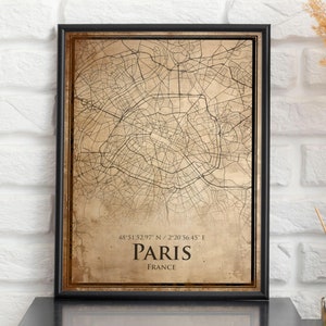 Impresión de mapa vintage de París, mapa de París, mapa de estilo antiguo de París, póster de mapa callejero retro, arte de pared de oficina antigua de Francia, regalo de cumpleaños para esposo