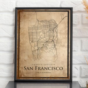 Impression de carte vintage de San Francisco, carte de San Francisco, carte de style ancien de San Francisco, affiche de plan de rue rétro, art mural bureau de Californie