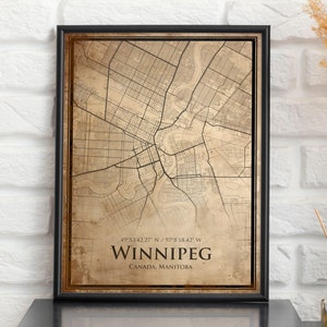 Impression de carte vintage de Winnipeg, carte de Winnipeg, carte de style ancien de Winnipeg, affiche de plan de rue rétro, art mural ancien bureau, cadeau d'anniversaire de mari