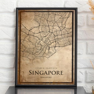 Impression de carte vintage de Singapour, carte de Singapour, carte de style ancien de Singapour, affiche de plan de rue rétro, art mural ancien bureau, cadeau d'anniversaire de mari