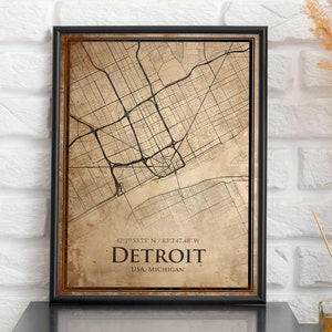 Impression de carte vintage de Detroit, carte de Detroit, carte de style antique de Detroit, affiche rétro de carte de rue, art mural de bureau du Michigan, cadeau d'anniversaire de mari