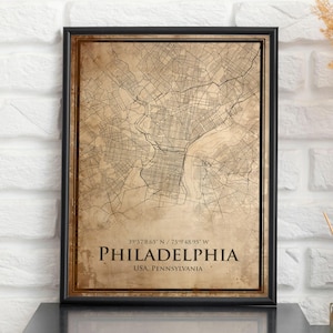 Impression de carte vintage de Philadelphie, carte de Philadelphie, style antique de Philadelphie, affiche rétro de carte de rue, cadeau d'anniversaire de mari d'art mural de bureau