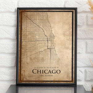 Impression de carte vintage de Chicago, carte de Chicago, carte de style antique de Chicago, affiche rétro de carte de rue, art mural de bureau de Chicago, cadeau d'anniversaire de mari