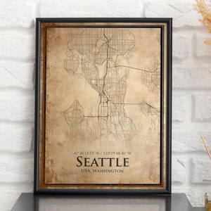 Impression de carte vintage de Seattle, carte de Seattle, carte de style ancien de Seattle, affiche de carte de rue rétro, art mural bureau de Seattle, cadeau d'anniversaire de mari