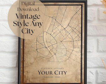 Custom Vintage Style Map, Digital Download Custom City Map, Custom Hometown Map, Any Town Old Map Art, Map Poster, Digital Print Gift