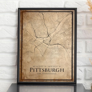 Impression de carte vintage Pittsburgh, carte de Pittsburgh, carte de style ancien de Pittsburgh, affiche rétro de plan de rue, art mural de bureau, cadeau d'anniversaire de mari