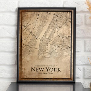 Impression de carte vintage de New York, carte de New York, carte ancienne de New York, affiche de plan de rue rétro, art mural bureau de New York, cadeau d'anniversaire de mari