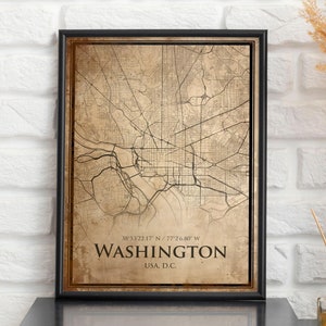 Impression de carte vintage Washington, carte de Washington D.C., carte de style ancien, affiche de plan de rue rétro, art mural ancien bureau, cadeau d'anniversaire de mari