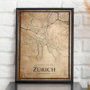 Impression de carte vintage de Zurich, carte de Zurich, carte de style ancien de Zurich, affiche de plan de rue rétro, art mural bureau Suisse, cadeau d'anniversaire de mari