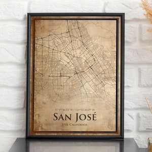 Impression de carte vintage de San José, carte de San José, carte de style antique de San José, affiche rétro de carte de rue, art mural de Californie, cadeau d'anniversaire de mari