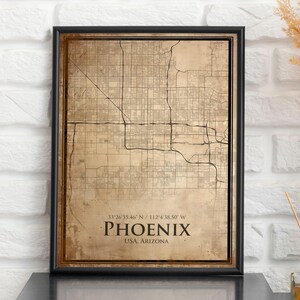 Impression de carte vintage de Phoenix, carte de Phoenix, carte de style antique de Phoenix, affiche rétro de carte de rue, art mural de bureau de l'Arizona, cadeau d'anniversaire de mari