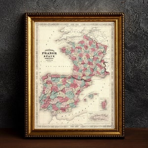 Old France Spain Map, 1865 Antique Style Vintage Map of France and Spain, Rare Europe Gift Map, Framed Print, Old Historical Wall Art Poster