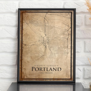 Impression de carte vintage de Portland, carte de Portland, carte de style ancien de Portland, affiche rétro de carte de rue, art mural de bureau de l'Oregon, cadeau d'anniversaire de mari
