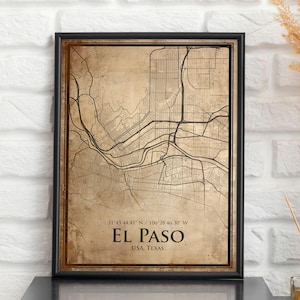 Impression de carte vintage d'El Paso, carte d'El Paso, carte de style ancien d'El Paso, affiche de plan de rue rétro, art mural bureau du Texas, cadeau d'anniversaire de mari
