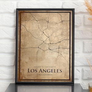Impression de carte vintage de Los Angeles, carte de Los Angeles, carte de style antique de LA, affiche rétro de carte de rue, art mural de bureau de LA, cadeau d'anniversaire de mari