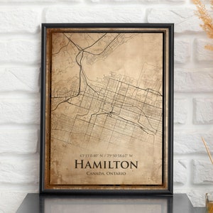 Impression de carte vintage de Hamilton, carte de Hamilton, carte de style ancien de Hamilton, affiche rétro de carte de rue, art mural de bureau du Canada, cadeau d'anniversaire de mari