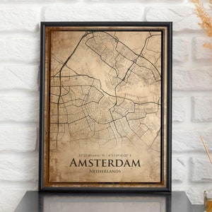 Impression de carte vintage d'Amsterdam, carte d'Amsterdam, carte de style ancien d'Amsterdam, affiche de plan de rue rétro, art mural ancien bureau, cadeau d'anniversaire de mari