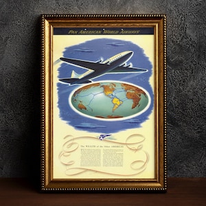 Pôster vintage da Pan Am, arte vintage de viagens aéreas de 1945, pôster raro de presente de aviação, impressão emoldurada da companhia aérea Pan America, impressão de arte de parede