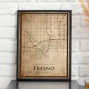 Impression de carte vintage de Fresno, carte de Fresno, carte de style ancien de Fresno, affiche de plan de rue rétro, art mural bureau de Californie, cadeau d'anniversaire de mari