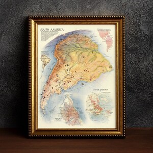 Ancienne carte de l'Amérique du Sud, carte vintage de l'Amérique du Sud de style antique de 1937, carte cadeau rare de l'Amérique latine, impression de carte encadrée, vieille affiche d'art mural