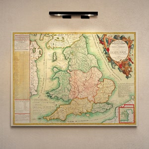 Old England Karte, 1689 Vintage antik Stil Karte von England, von Coronelli, Geschenk für ihn Geschenk für sie Wohnkultur Leinwand Wandkunst Poster Druck