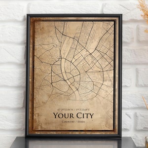 Impression de carte vintage personnalisée, n'importe quel plan de la ville, carte personnalisée de style ancien, affiche de plan de rue rétro, art mural ancien bureau, cadeau d'anniversaire de mari