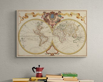 Carte du monde, carte du monde vintage 1720, cadeau pour lui, cadeau pour elle, décoration d'intérieur toile art mural impression d'art