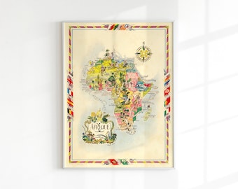 アフリカのビンテージ地図イラストプリント｜アンティーク壁飾り｜古い