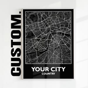 Impression de carte personnalisée, n'importe quel plan de la ville, carte personnalisée en noir et blanc, affiche de plan de rue, art mural déco de bureau moderne, cadeau d'anniversaire
