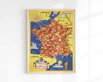 Vintage Gastronomical France Map, 1950 Vintage Map of France, Pictorial French Gastronomy Illustration Gift Map, Old Wall Art Poster Print